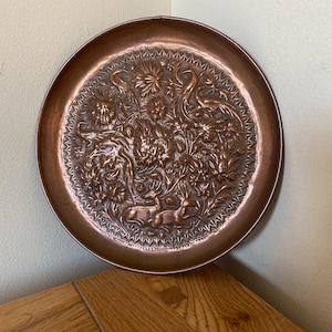 Vintage Copper Wall Plate Embossed With Deer And Birds Rustic