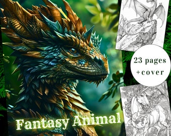 23 Fantasy Animal Coloring Page, Fantasy Coloring,Animal Coloring Book,Adults + kids Instant Download,Mythical Animal Coloring,Printable PDF