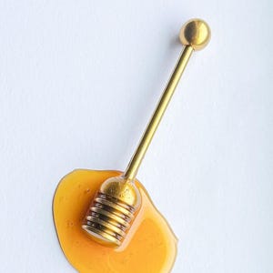 Premium Gold Honey Dipper Stick | 4.3 Inch Gold Titanium Plated Stainless Steel | Honey Accessories & Kitchen Tools | Spoon Gift Favor