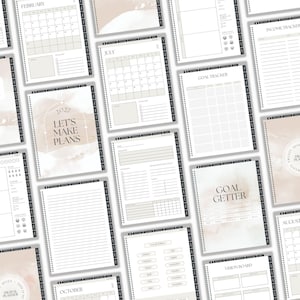 May include: A 2027 digital planner featuring various page layouts including monthly calendars for February and July, a goal tracker, an income tracker, a vision board, and lined note pages. The design uses a neutral beige watercolor aesthetic.