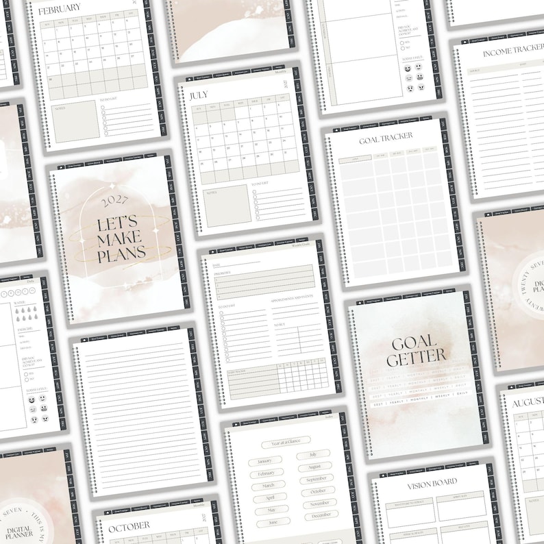 May include: A 2027 digital planner featuring various page layouts including monthly calendars for February and July, a goal tracker, an income tracker, a vision board, and lined note pages. The design uses a neutral beige watercolor aesthetic.