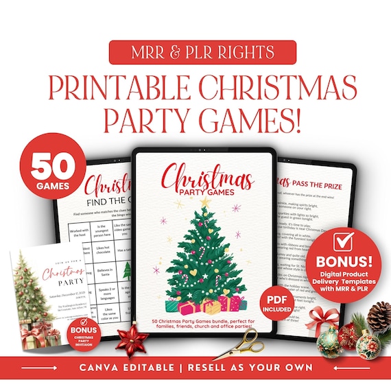 50 Christmas Party Games Bundle, Canva Editable (MRR, PLR)
