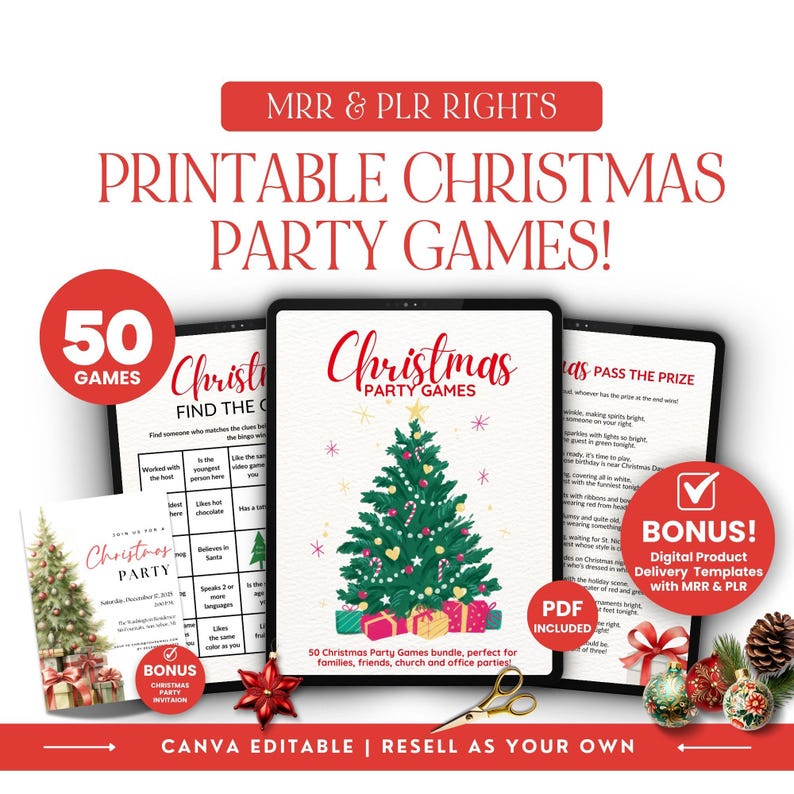May include: A promotional image for printable Christmas party games. The image features a bundle of digital templates, including game sheets, invitations, and bonus materials. The design includes a Christmas tree illustration and the text "Printable Christmas Party Games!"