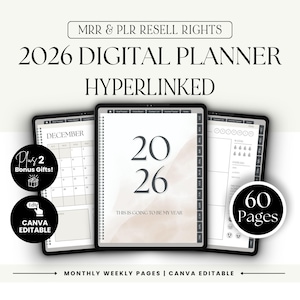 May include: A digital planner for 2026, displayed on three tablets. The central tablet shows "2026" and "This is going to be my year." Additional text includes "Plus 2 Bonus Gifts!" and "Canva Editable." The planner features monthly and weekly pages.