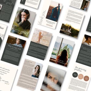 May include: A collection of pages from a book about coping with grief. The pages feature text and images of people in various settings. The text includes phrases like "coping with grief", "the grieving process", and "we will remember how lucky we were to have known their love".