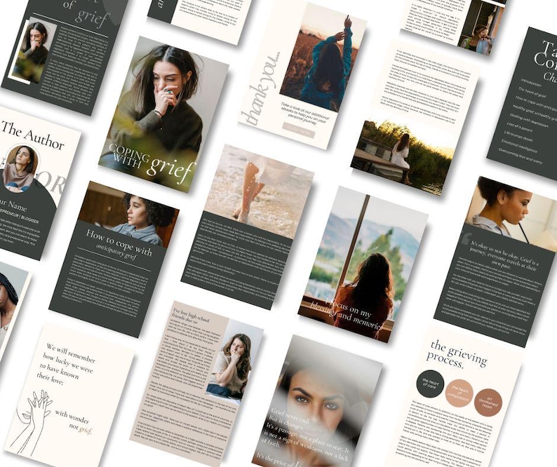 May include: A collection of pages from a book about coping with grief. The pages feature text and images of people in various settings. The text includes phrases like "coping with grief", "the grieving process", and "we will remember how lucky we were to have known their love".