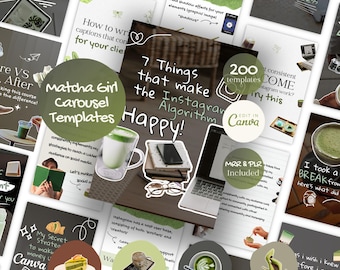May include: A collage of Instagram-themed graphics with text like "Matcha Girl Carousel Templates" and "7 Things that make the Instagram Algorithm Happy!" Includes a laptop, matcha latte, and other design elements. The overall theme is social media marketing.