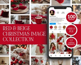 Christmas AI Stock Photo Bundle, Red Beige Cozy Holiday Images (MRR, PLR)