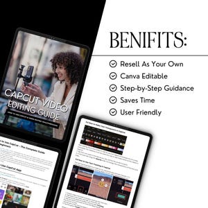 May include: A digital guide for learning how to use the CapCut video editing app. The guide includes step-by-step instructions and walk-throughs. The benefits of using this guide include: Resell As Your Own, Canva Editable, Step-by-Step Guidance, Saves Time, User Friendly.