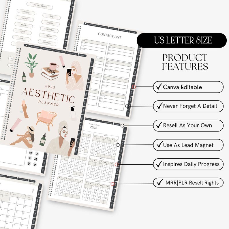 May include: Aesthetic planner with a spiral binding, featuring a cover with illustrations and the text "Aesthetic Planner 2025". The planner includes a contact list, calendar, and product features such as Canva editable and resell rights.