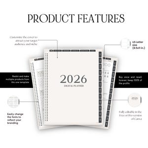 May include: A digital planner for 2026 with the text "2026 DIGITAL PLANNER" on the cover. The planner is US Letter size (8.5x11 in.) and features customizable covers, reskinning options, and editable fonts. The product features are highlighted.