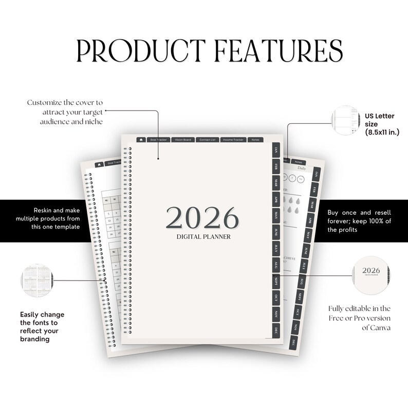 May include: A digital planner for 2026 with the text "2026 DIGITAL PLANNER" on the cover. The planner is US Letter size (8.5x11 in.) and features customizable covers, reskinning options, and editable fonts. The product features are highlighted.