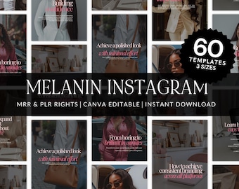 Peut inclure: Publicité pour des modèles Instagram numériques, avec le texte "MELANIN INSTAGRAM" et "60 MODÈLES 3 TAILLES". L'image comprend des phrases telles que "Obtenez un look soigné" et "De ennuyeux à brillant en quelques minutes".