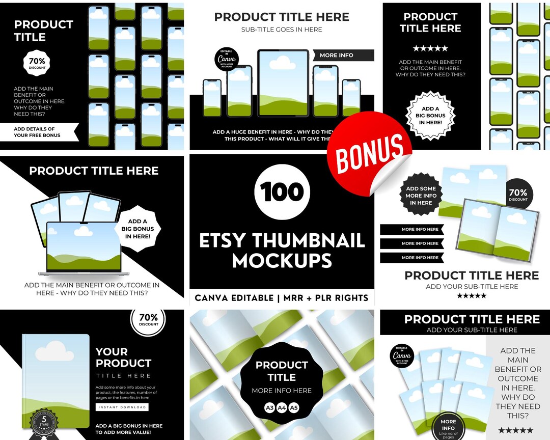 Etsy Listing Mockup Templates: 100 Canva Editable Thumbnails (MRR & PLR ...