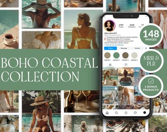 Beach Aesthetic AI Stock Photos | Boho Coastal Lifestyle Images, 148 Canva Photos with PLR MRR Resell Rights for Travel Creators