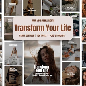 Könnte beinhalten: Ein digitales Produktcover mit dem Titel "Transform Your Life" in fetter, brauner Schrift. Das Cover zeigt Bilder von Frauen und Text über Selbstverbesserung, einschließlich "Canva Editable" und "130 Seiten + 2 Boni!"