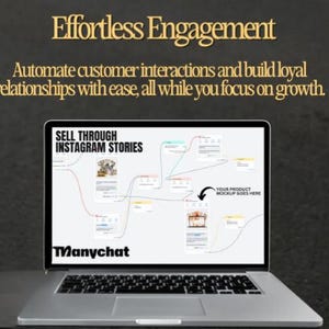 May include: A laptop computer screen displaying a flowchart for selling through Instagram stories using Manychat. The flowchart shows a series of steps, including creating a story, adding a call to action, and directing customers to a product page. The text "SELL THROUGH INSTAGRAM STORIES" and "Manychat" are visible on the screen.