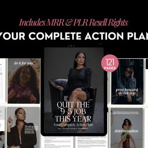 May include: A digital product cover with a woman sitting in a chair. The cover is for a 121-page guide titled "Quit the 9-5 Job This Year: Your Complete Action Plan".