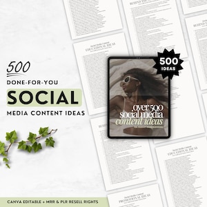 Può includere: Un tablet digitale che mostra un elenco di oltre 500 idee di contenuti per i social media per le aziende basate sui prodotti. Il tablet è su una superficie bianca con una pianta verde nell'angolo. Il testo "over 500 social media content ideas" è in testo nero su sfondo bianco. Il testo "for product-based businesses" è in testo nero più piccolo sotto il testo principale.
