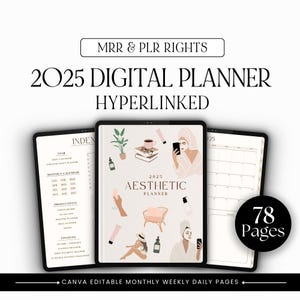 Plr Digitaler Planer mit Hyperlinks, ästhetischer Planerkalender 2025, Plr Planervorlage Wiederverkaufsrechte Mrr Digitale Produktvorlage Bundle
