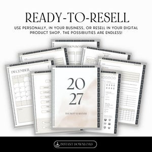 May include: A digital 2027 planner with multiple page views including a monthly calendar for December, a vision board, and daily goal tracking. The cover features the text 2027 THE BEST YEAR EVER with a soft watercolor accent.