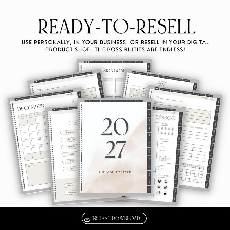 May include: A digital 2027 planner with multiple page views including a monthly calendar for December, a vision board, and daily goal tracking. The cover features the text 2027 THE BEST YEAR EVER with a soft watercolor accent.