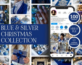 100 Blue and Silver Christmas AI Stock Images | Canva Holiday Image Bundle with PLR Resell Rights | MRR Stock Photos | Social Media Photos