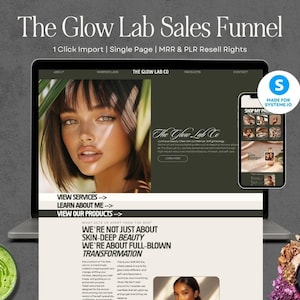 May include: A laptop and smartphone display a website for The Glow Lab Co. The website features a woman's portrait, text, and product images. The text includes "Sales Funnel," "Skin-Deep Beauty," and "Full-Blown Transformation."