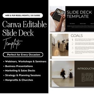 May include: A Canva editable slide deck template with 150 slides, perfect for webinars, business presentations, marketing, and more. The design includes a black background with white text and images of presentation slides.