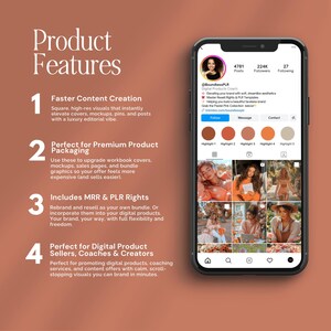 May include: A smartphone displays an Instagram profile with a profile picture and several posts. Text on the left side highlights product features, including content creation, packaging, and digital product promotion.