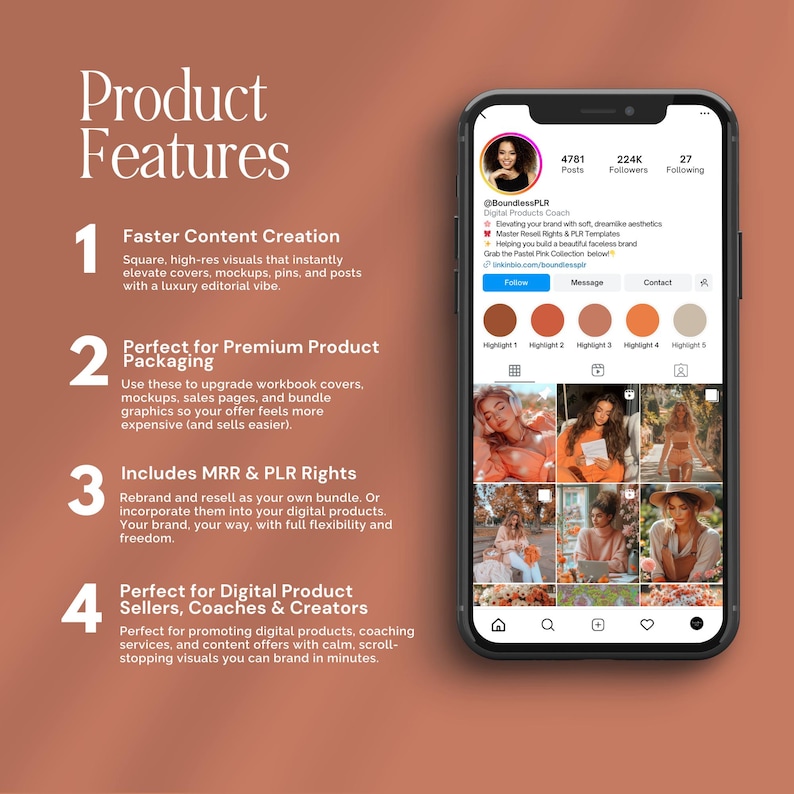 May include: A smartphone displays an Instagram profile with a profile picture and several posts. Text on the left side highlights product features, including content creation, packaging, and digital product promotion.