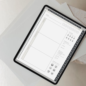 May include: A digital tablet displaying a daily planner template with sections for morning, afternoon, and evening. The interface includes trackers for water intake, exercise, and mood, featuring icons for date, weather, and daily goals in a clean layout.