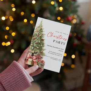 May include: A Christmas party invitation featuring a watercolor illustration of a decorated Christmas tree and wrapped gifts. The invitation text is in red script, with event details including the date, time, and location.