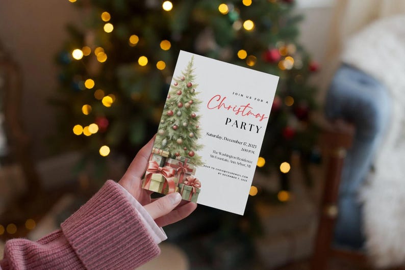 May include: A Christmas party invitation featuring a watercolor illustration of a decorated Christmas tree and wrapped gifts. The invitation text is in red script, with event details including the date, time, and location.
