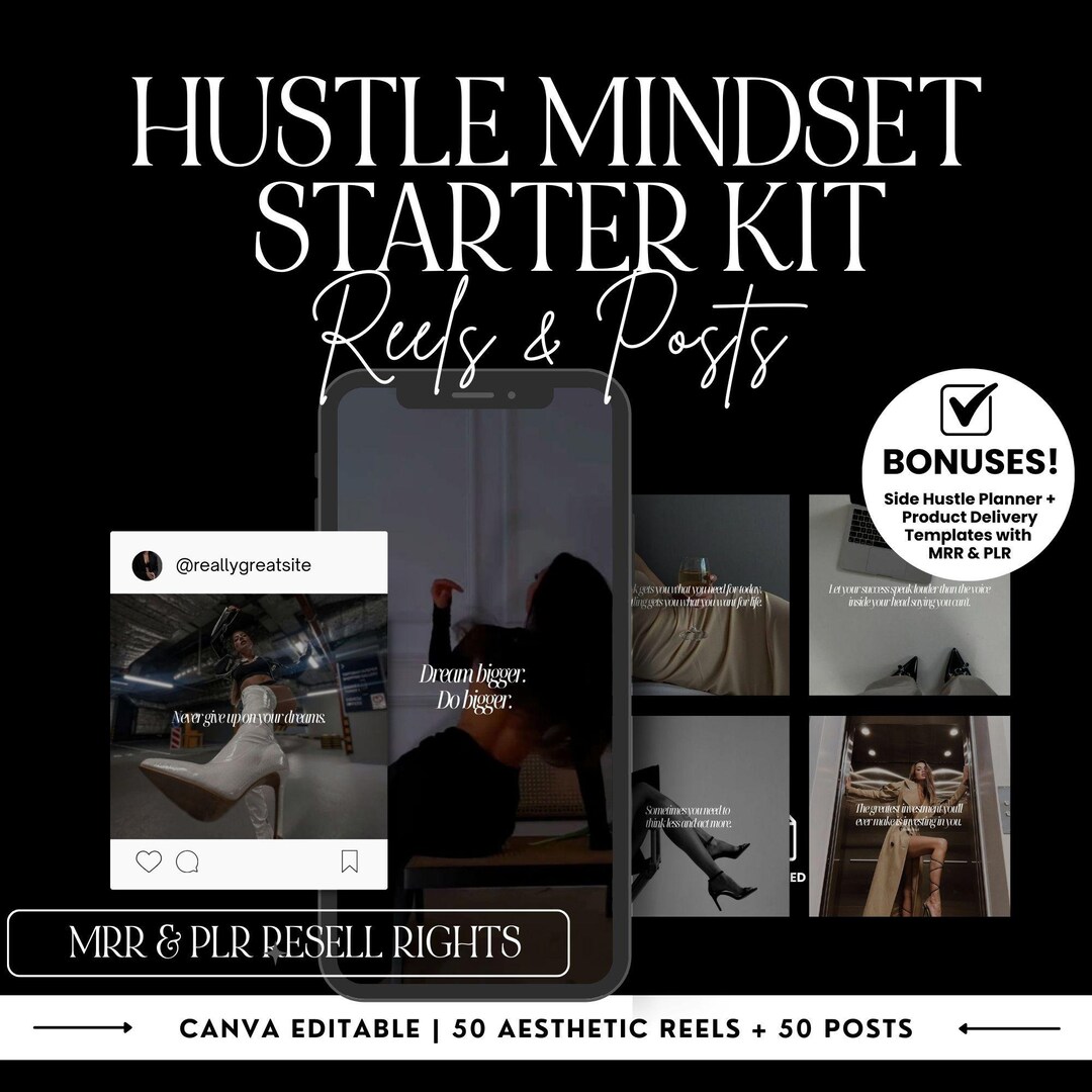 Hustle Mindset Reels Bundle, Social Media Posts, PLR & MRR (canva ...