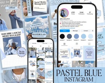 Pastel Blue Instagram Templates, Social Media Content Kit (60 Posts)