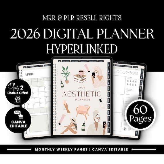 2026 Digital Planner with Hyperlinks, MRR PLR Canva Template