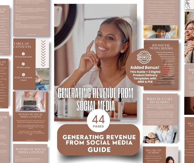 May include: A digital guide titled "Generating Revenue From Social Media" with a brown and white color scheme. The guide includes 44 pages and offers a bonus of two digital product delivery templates with MRR & PLR.