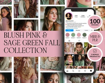 Sage Green Aesthetic Fall Stock Photos | Blush Pink Autumn AI Images | MRR PLR Stock Image Bundle | Social Media Photos