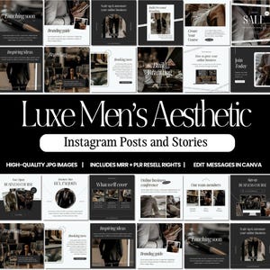 May include: A collection of 12 black and white Instagram post and story templates featuring a luxe men's aesthetic. The templates include text such as "Launching Soon", "Branding Guide", "Inspiring Ideas", "Build Branding", "Create Your Course", "Join Today", "New Open Business Course", "Hey, I'm John", "What We'll Cover", "Online Business Conference", "Our Team Members", "Sign Up Business Course", "Branding", "Booking Now", "Inspiring Ideas", "Branding Guide", "Launching Soon", and "Scale Up & Automate Your Online Business".