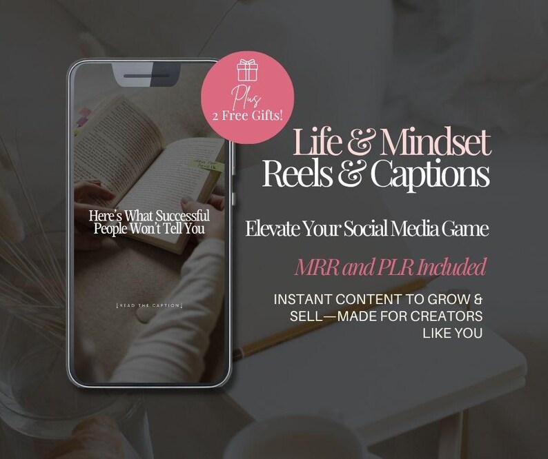 Promotional graphic for a digital product titled “Life & Mindset Reels & Captions.” The image features a phone displaying the caption “Here’s What Successful People Won’t Tell You” next to a PDF preview of caption pages. Text highlights include “Plus 2 Free Gifts,” “MRR and PLR Included,” and “Instant Content to Grow & Sell—Made for Creators Like You.” Designed for coaches, content creators, and digital product sellers.