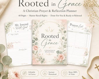 Christian PLR Planner with Master Resell Rights | 50 Page Faith & Prayer Journal, Bible Study Planner Canva Template + Bonus Prompts