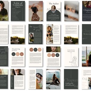 May include: A digital book cover with a dark green background and white text. The title of the book is "Coping with Grief". The cover also features a table of contents, a chapter list, and an author page.