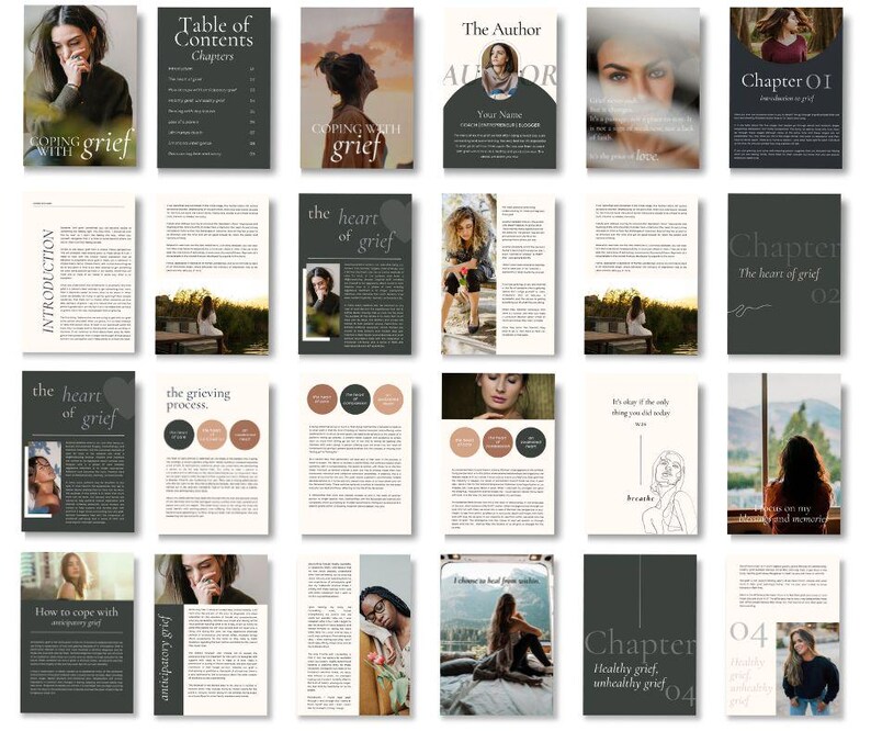 May include: A digital book cover with a dark green background and white text. The title of the book is "Coping with Grief". The cover also features a table of contents, a chapter list, and an author page.