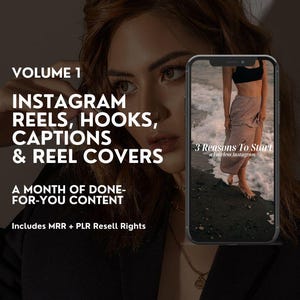 May include: Volume 1 of Instagram Reels, Hooks, Captions & Reel Covers. A month of done-for-you content. Includes MRR + PLR Resell Rights. A woman in a black top and white skirt stands on a beach with the text "3 Reasons To Start a Furless Instagram".