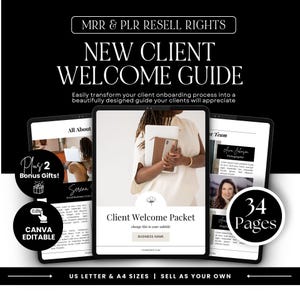 Puede incluir: Una maqueta de producto digital que presenta una "Guía de bienvenida para nuevos clientes" en tabletas. La guía incluye el texto "Client Welcome Packet" y "34 Pages". El texto adicional incluye "MRR & PLR RESELL RIGHTS" y "CANVA EDITABLE".