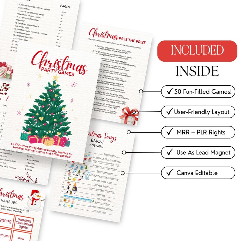May include: A bundle of Christmas party games with a festive design. The cover features a decorated Christmas tree and the text "Christmas Party Games". Includes 50 fun games, user-friendly layout, MRR + PLR rights, and Canva editable.