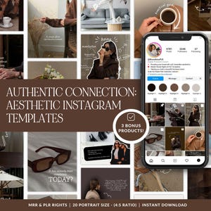 May include: A collage of Instagram templates with the text "AUTHENTIC CONNECTION: AESTHETIC INSTAGRAM TEMPLATES." The image includes a phone displaying an Instagram profile, sunglasses, and the text "TODAY?" with a checkmark that says "3 BONUS PRODUCTS!"