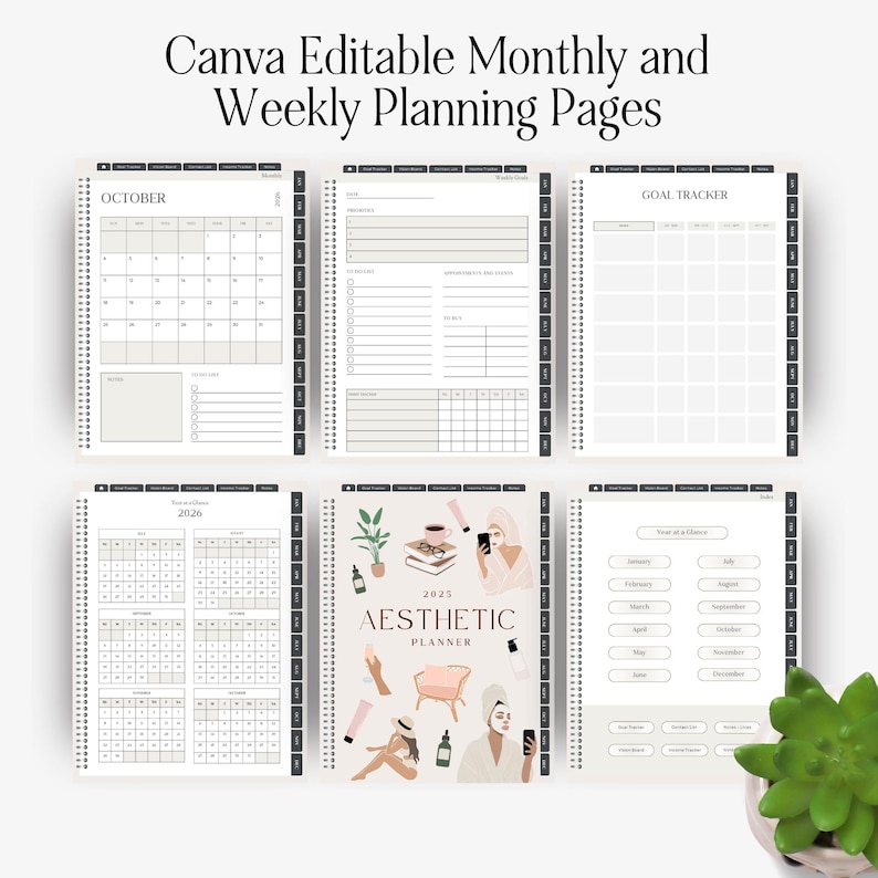 May include: A collection of digital planner pages with a neutral color palette. The pages include monthly calendars, weekly planning layouts, a goal tracker, and a yearly overview. The cover of the planner features the text "Aesthetic Planner 2025". The text "Canva Editable Monthly and Weekly Planning Pages" is at the top.
