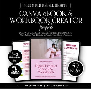 Może przedstawiać: Szablon produktu cyfrowego dla e-booków i zeszytów ćwiczeń Canva. Obraz przedstawia tablet z tekstem "Digital Product eBook & Workbook" oraz słowami "MRR & PLR Resell Rights". Obraz zawiera również tekst "59 Pages" i "US Letter Size".
